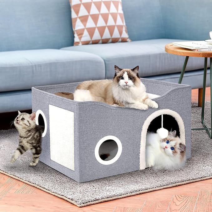 Heeyoo Cat House for Indoor Cats - Large Cat Bed Cave with Fluffy Ball and Scratch Pad, Foldable Cats Houses & Condos, Cat Hideaway, Covered Kitty Bed for Multi Small Large Kitty, 23.8x15.9x13.2 Inch - Image 6