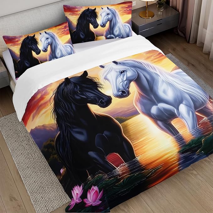 AILONEN Black & White Horse Printed Bedding Sets for Kids Teens Adults, Full,Farm Country Animal Duvet Cover Set,Wildlife Themed Comforter Cover with 2 Pillowcase,3-Piece,Soft Microfiber - Image 2