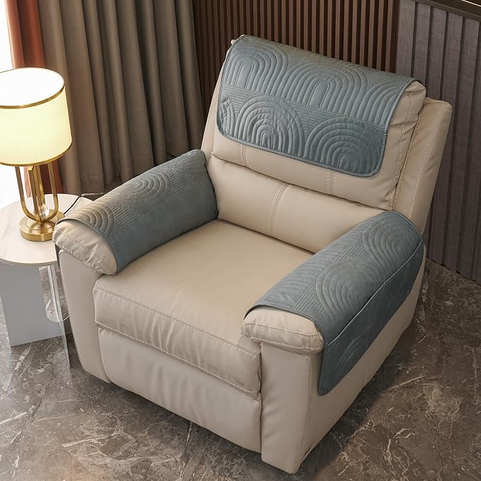 vctops 5 Pcs Water Resistant Sofa Armrest Cover Vintage Faux Suede Headrest Cover for Recliner Chair Arm Cover Non Slip Couch Cover for Dogs Washable Furniture Protector (Greyish Blue,3 Seat) - Image 4