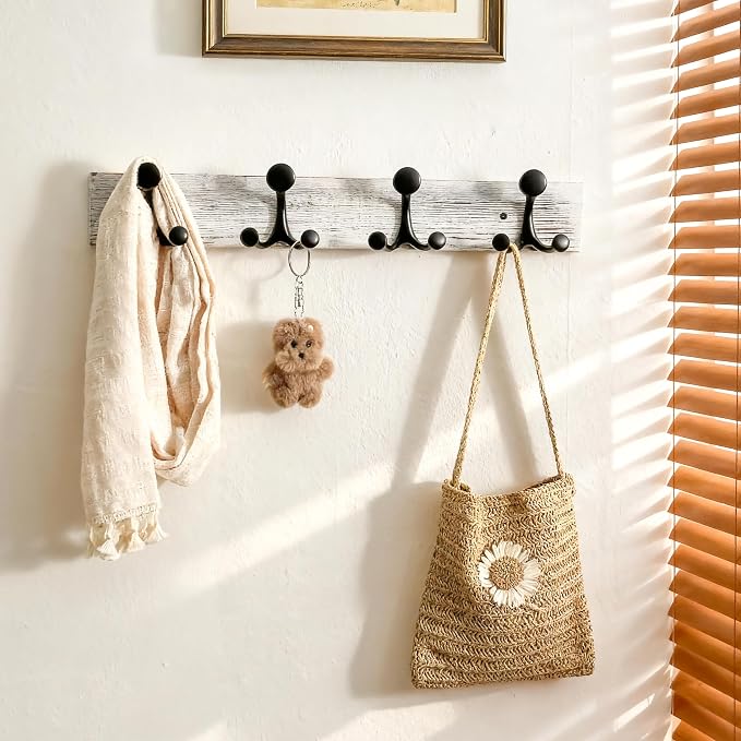 SKOLOO 24-Inch Wood Coat Rack Wall Mount with 4 Triple Hooks - Ideal for Family Entrances, Classrooms, and Pet Supplies Storage - Perfect Coat Hooks for Wall,Distressed White Wash, Pack of 2 - Image 3