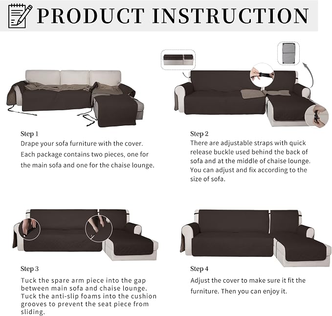 Easy-Going Waterproof Sectional Couch Covers with Chaise 2-Piece Non Slip L Shape Sofa Cover for Dogs Leakproof Furniture Protector Cover with Adjustable Strap for Pets (Large, Chocolate) - Image 5