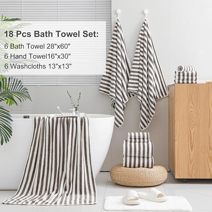 Smuge 18 Pcs Bath Towel Set, Include 6 Bath Towel Sheets, 6 Hand Towels and 6 Washcloths - Highly Absorbent Quick Dry Microfiber,Ultra Soft Bathroom Towel Set with Hanging Loop - Dark Coffee - Image 5
