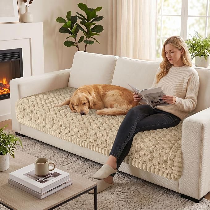 Smiry Non Slip Couch Covers for Dogs, Scratch Resistant Pet Sofa Protector | Machine Washable Soft Fuzzy Thick Furniture Cover for Sofa Loveseat Sectional Large Dogs, Khaki, 35.4" x 95" - Image 5