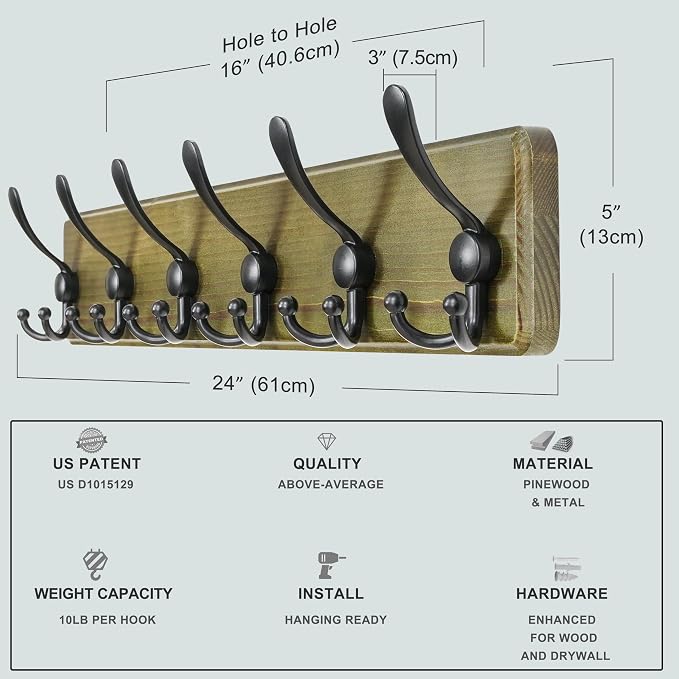 Dseap Coat Rack Wall Mounted - 24" Long 6 Tri Hooks, Heavy Duty Wooden Wall Coat Hanger Coat Hook for Clothes Hat Jacket Clothing, Weathered Green and Black, Pack of 2 - Image 6