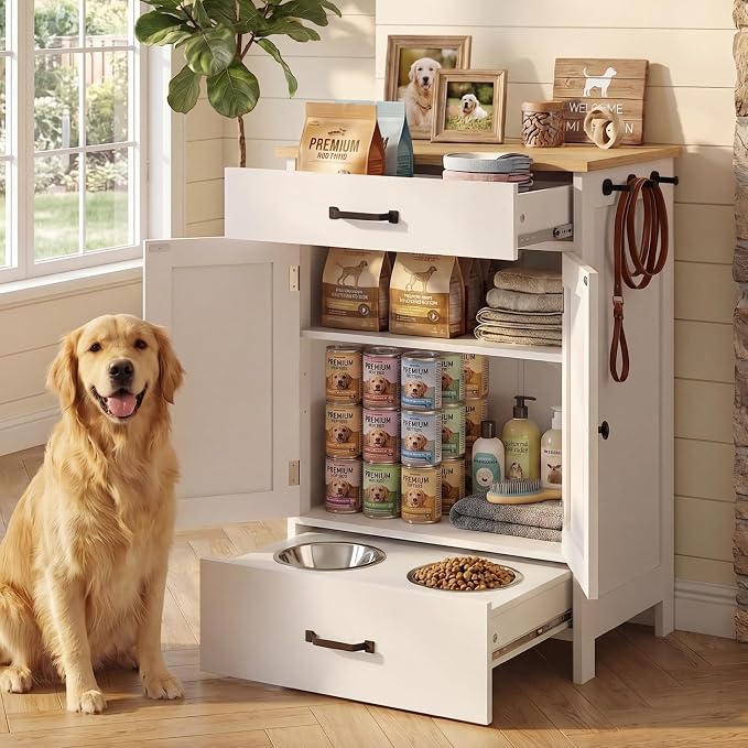 Dog Feeding Station Food Storage with 2 Elevated Stainless Bowls White Wood | Pet Organizer Cabinet With Adjustable Shelf Sliding Drawer Hidden Feeder ,Toy Organization Container for Cats & Dogs by ForPetLoversByPetLovers