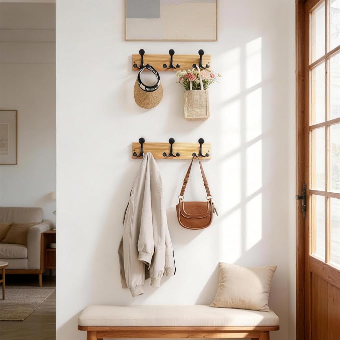SKOLOO 17-Inch Wood Coat Rack Wall Mount with 3 Triple Hooks - Ideal for Family Entrances, Classrooms, and Pet Supplies Storage - Perfect Coat Hooks for Wall, Black on Natural - Image 3