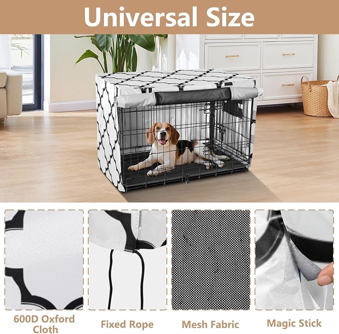 Dog Crate Cover Kennel Cover for Dog Cages Breathable for Wire Cage Indoor Outdoor White Geometric Quatrefoil - Image 4