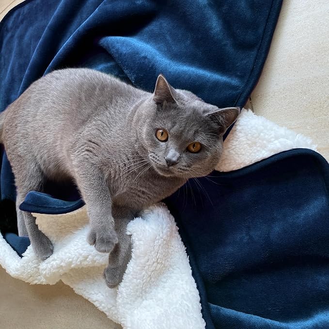 Waterproof Blanket for Bed Couch Sofa, Soft Liquid Pee Proof Pet Blanket for Dog Puppy Cat, Reversible Sherpa Fleece Furniture Protector (Navy Blue, 30x40 inches) - Image 2