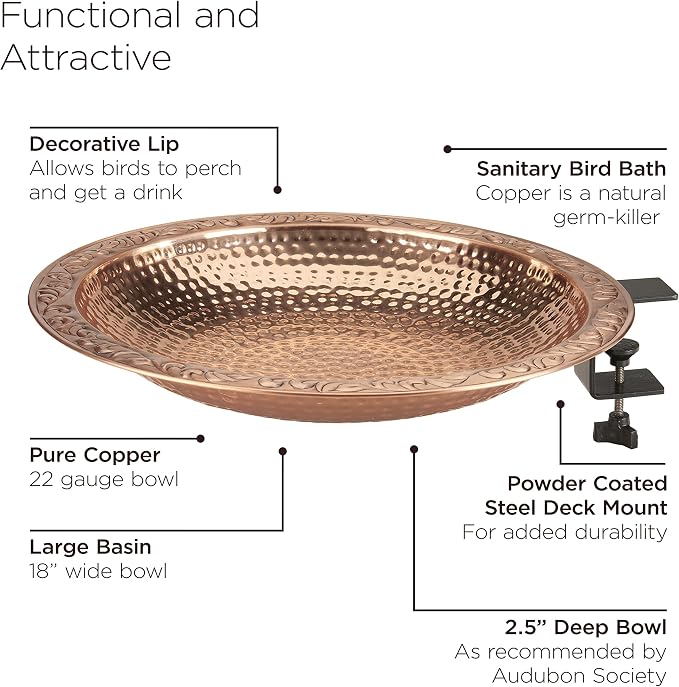 Pure Copper Metal Bird Bath with Deck Mount for Railing, Large 18" Diameter - Image 5