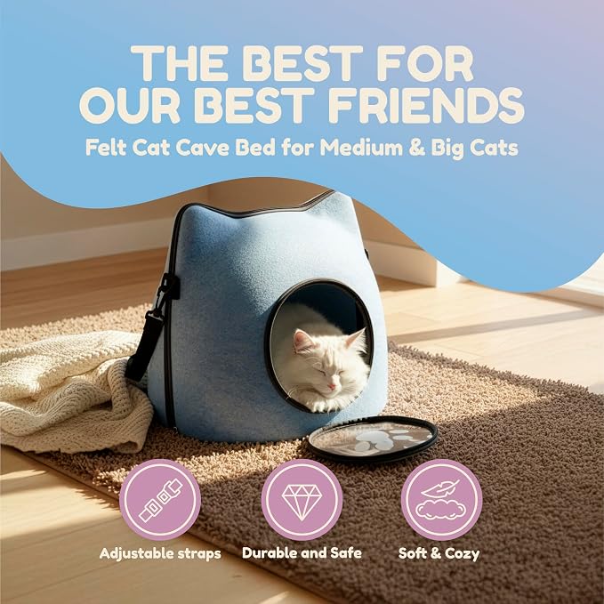 Cat Cave Bed for Indoor Cats – Felt Covered Hideaway with Cushion, Foldable Enclosed Pet House, Portable Cozy Cave Bed for Medium & Large Cats (Blue) - Image 3