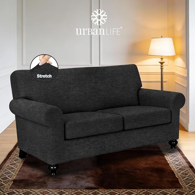 URBANLIFE 3-Piece Stretch Sofa Covers for 2 Cushion Couch, Black | Super fitted spandex slipcovers for couches. Non-slip elastic bottom. Machine washable furniture protector for kids & pets. - Image 2