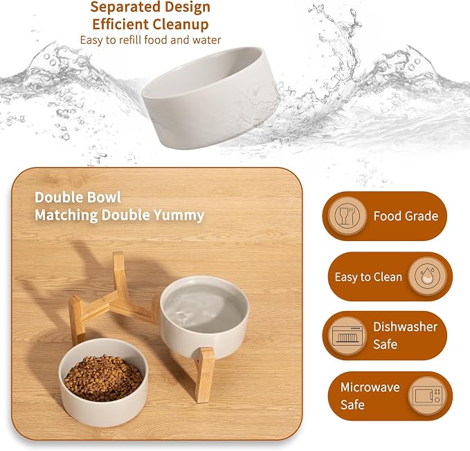Elevated Ceramic Dog Bowl, 3.6 Cups Dog Food and Water Bowl Set with Stand | 6.1'' Double Dog Feeding Dishes, Non-Slip Raised Dog Feeder for Small and Medium Breeds, 28.74 OZ / 850 ML, White - Image 5