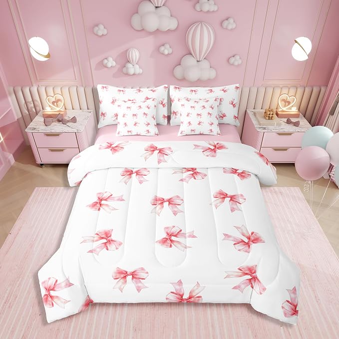 Erosebridal 7 Piece Bowknot Twin Bedding Set for Girls Women,Dreamy Princess Style Kids Comforter Set for Teens Bedroom Decor,Pink Kawaii Bow Bed in a Bag,Romantic Valentine Sheet Set with Comforter by Erosebridal