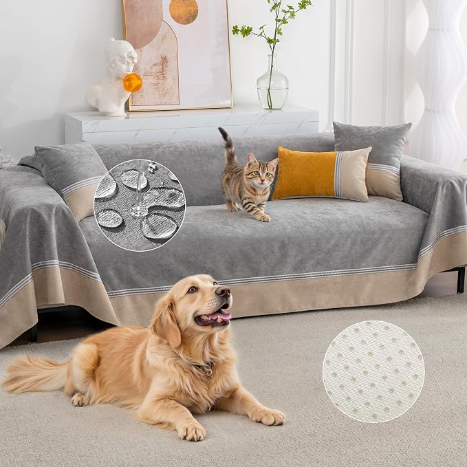 Waterproof Non-Slip Couch Cover for Pets & Dogs, Gray 79" x 150" | Pet Sofa Cover, Washable, Pet Friendly, Anti Cat Scratch, Furniture Protector, for 3 Cushion Couch Sectional L Shaped Sofa by Osunnus