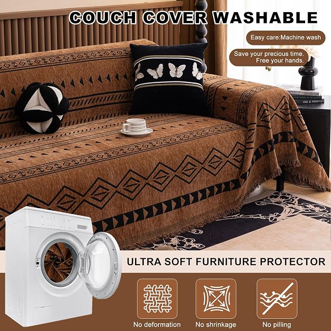 ROOMLIFE Dark Brown Couch Cover 3 Cushion Sofa, Washable Non Slip Furniture Sofa Protector Cover, Soft Chenille Sofa Slipcovers Sectional L Shape Dogs Couch Cover Throw Blanket with Tassels71''X150'' - Image 6