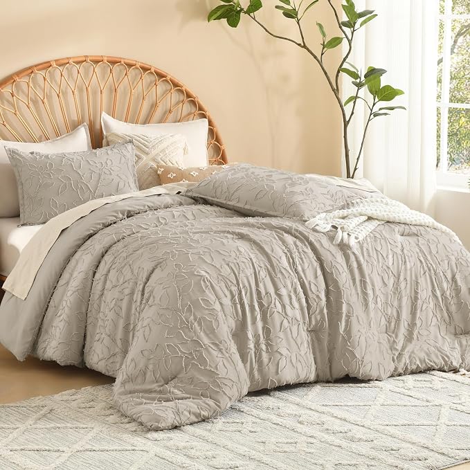 Litanika Super King Plus Comforter Set Oatmeal, 3 Piece Boho Tufted Bedding, Fluffy Farmhouse Bed Set for All Season with 2 Leaf Pattern Pillowcases（128x120In） - Image 2
