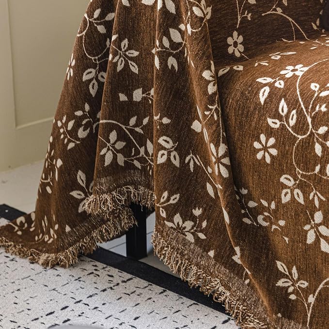 STACYPIK Soft Botanical Floral Vine Couch Cover, Brown Sofa Cover for Dogs | Thick Durable, Vintage Jacquard, Washable Reversible Sectional Protector for 2 Cushion Couch with Tassels, Multi-use-71X118IN - Image 8