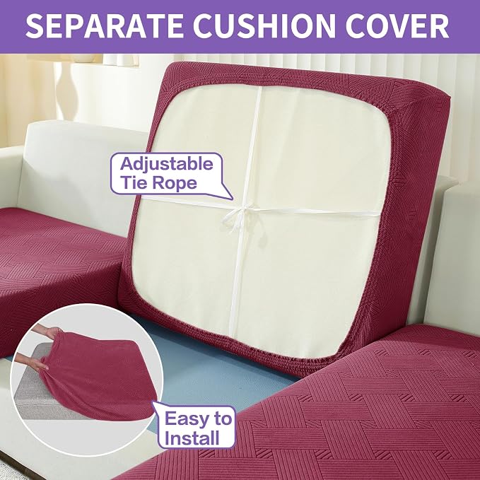 ZNSAYOTX 3 Piece Stretch Sofa Covers (71"-91") for 2 XL Cushion Couch, Thick Striped Sofa Cover with Elastic Band Bottom Ties Non-Slip Stay in Place, Soft Durable Couch Slipcovers, Wine Red - Image 4
