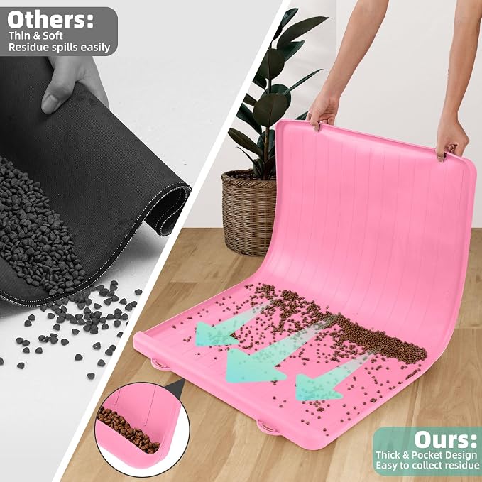 Dog Bowl Mat for Food and Water - 39.4" x 27" Thickened Large Dog Food Mat | Waterproof Pet Bowl Mat with Residue Collection Pocket and High Edges to Prevent Water and Food Spills - Pink - Image 4