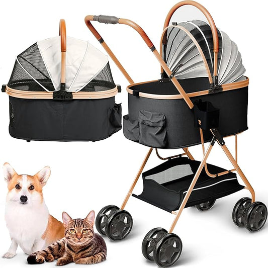 Pet Stroller for Small Medium Dogs & Cats – 2-in-1 Detachable Carrier, Zipperless Entry, Lightweight Folding Travel Stroller with Storage Basket, Cup Holder, Black&Beige