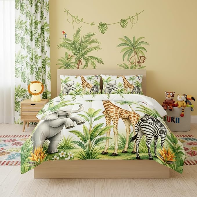 QOOMO Wild Animal Comforter Queen Size,Elephant Giraffe Zebra Kids Bedding Set,3Pcs Bedding Set Printed Comforter with 2 Pillowcases,Down Alternative,Soft and Lightweight,for All Seasons by QOOMOHOME