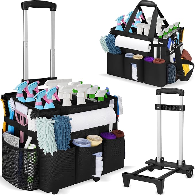 Large Rolling Cleaning Caddy with Detachable Trolley for Housekeeper | Large Capacity Cleaning Supply Organizer Bag with Wheels, Multiple Pockets, Water-resistant by Aleemin