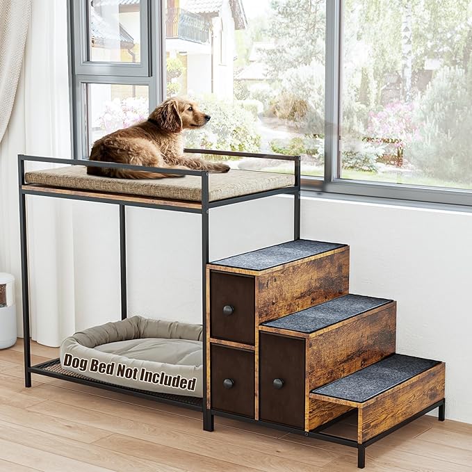LEMBERI Pet Bunk Bed with Stairs and Storage, Dogs/Cats Window Perch, Bedside Lounge Elevated Dog Bed Multi-Level Platform with Foam Upholstery (Brown)