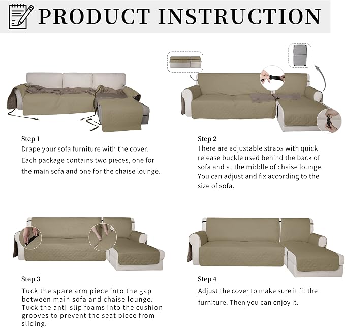 Easy-Going Waterproof Sectional Couch Covers with Chaise 2-Piece Non Slip L Shape Sofa Cover for Dogs Leakproof Furniture Protector Cover with Adjustable Strap for Pets (X-Large, Beige) - Image 5
