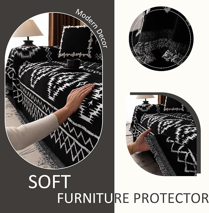 VClife Boho Couch Cover Chenille Sofa Cover for Sectional Sofa, Non Slip Couch Covers for 2 Seater Sofa Pet Friendly Sofa Protector with Tassel, Tribal Pattern Couch Slipcover, Black, 71"X118" - Image 7