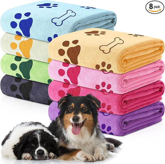 Chumia 8 Pcs Microfiber Dog Towels for Drying Dogs Cats 40 x 24 Inch Pet Towels Bulk for Large Puppy Absorbent Fast Drying Paw Bath Bathing Supplies for Pets(Dog Paw and Bone,Sweet Color) by Chumia
