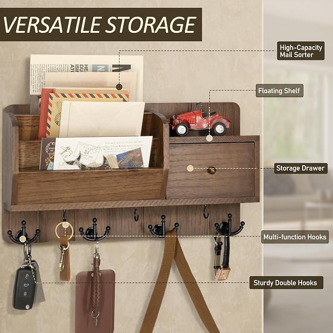 Rebee Vision Key Holder Wall Mount with Drawer Organizer for Entryway,Brown | 7 Key Hooks, 3 Mail Sorters, Letter Sorting, Small-Item Storage, Mail and Key Organizer for Wall, Apartment Essential - Image 4