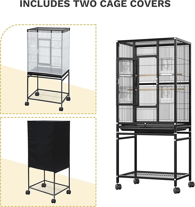 DWVO 53.9-Inch Metal Bird Cage | Large Parrot Cages with Seed Catcher & Cover - Rolling Stand with Brakes - Image 2