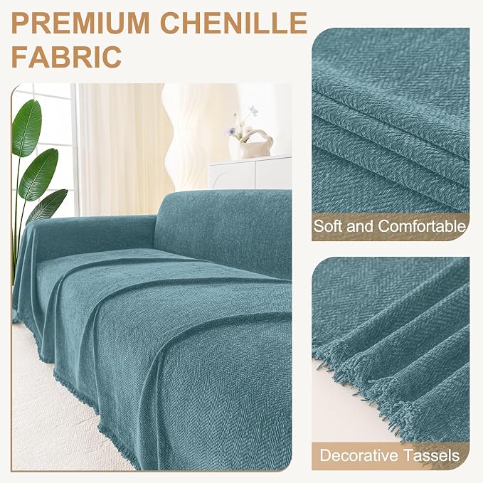 Smiry Couch Cover for Dogs, Chenille Sofa Covers for 3 Cushion Couch | Washable Soft Sofa Slipcover for Pets, Thick Sectional Furniture Protector with Tassels (Blue, 71x134 Inch) - Image 2