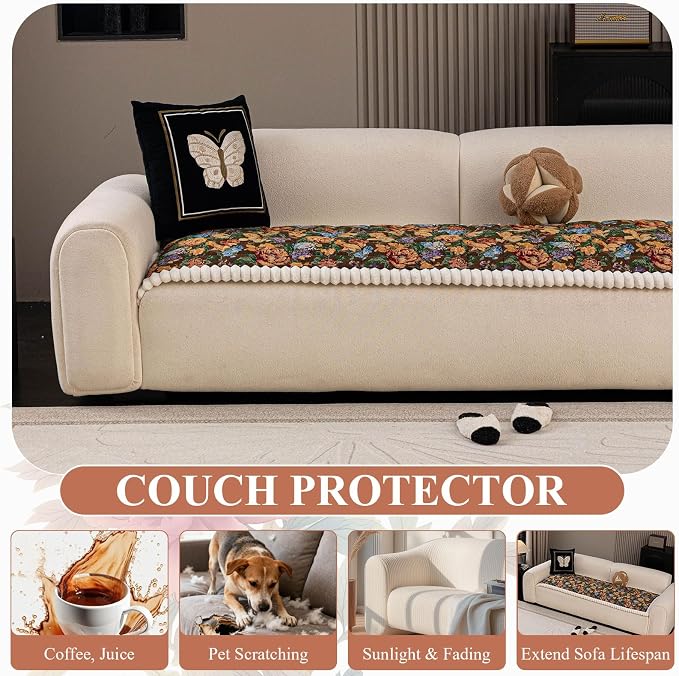 STACYPIK Thick Botanical Floral Pet Sofa Cushion Cover Washable Quilted Jacquard Couch Cushion Cover for 3 Seater Fuzzy Non Slip Couch Seat Slipcover Pet Friendly Mat Bed Garden Chic-27.6X82.7IN - Image 5