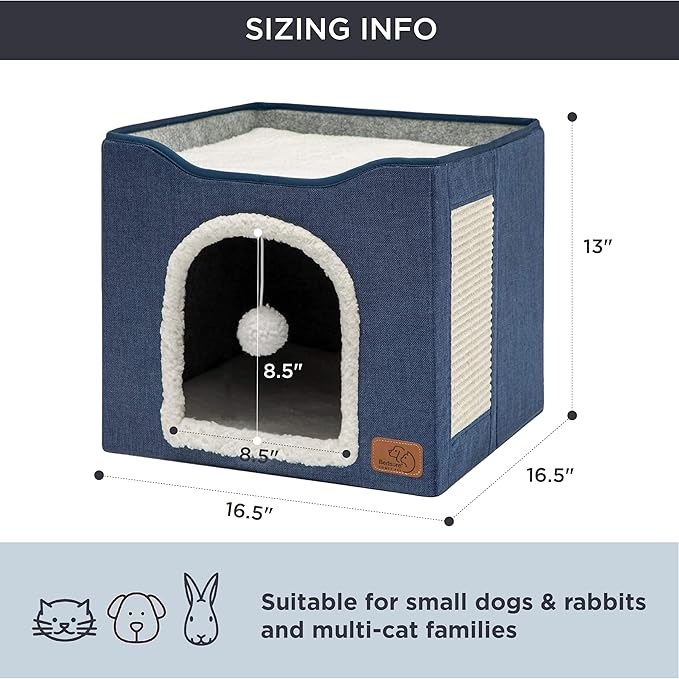 Bedsure Cat House Bed for Indoor Cats with Fluffy Ball and Scratch Pad,Blue | 16.5x16.5x13 in,Large Cat Cave for Multiple Pets,Foldable Cat Hideway Cube for Sleeping Kitten - Image 6