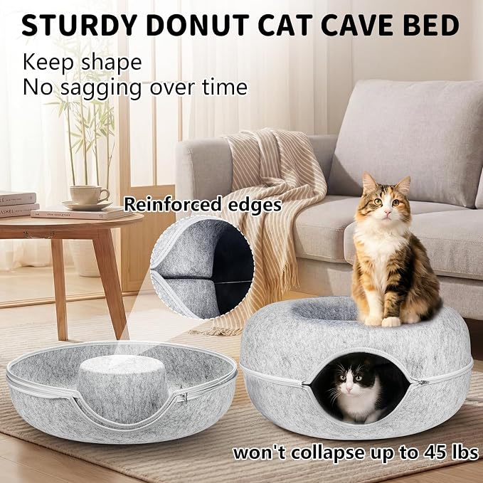 Cat Tunnel Bed for Heavy Big Cats up to 45 lbs - 24" Donut Cat Bed for Multi-Cat Home - Premium Detachable Zipper Felt Anti-Scratch Cat Cave Bed - Roomy Non-Collapsing Cat Hideaway & Peekaboo Toy - Image 3