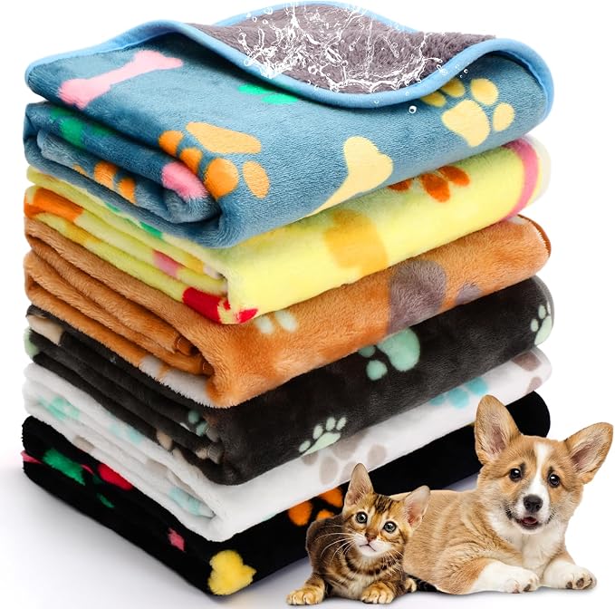 Tegeme 6 Pcs Waterproof Dog Blanket 30 x 20 Inch Paw Print Pet Blanket for Dogs Cats Puppy Washable Soft Fluffy Fleece Rug Flannel Throw Warm Sleep Mat for Kitten Doggy by Tegeme