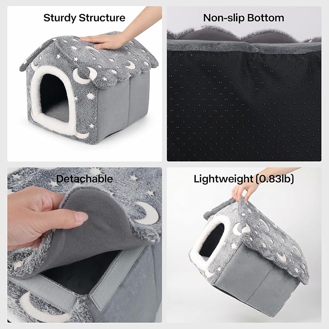 PAWISE Luminous Cat Bed Indoor, Foldable Dog House Tent with Glowing Stars Moon, Soft Warm Puppy Cave Nest for Small Dogs Cats, Washable Pet Hut (15.7"x14.5"x13.5") - Image 5