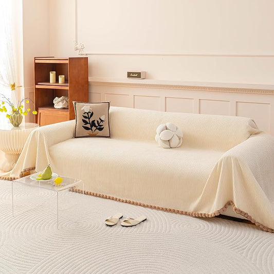 DREAMINGO Striped Chenille Couch Cover Blanket Washable Furniture Protector for Pets/Kids Farmhouse Modern Style Decorative Sofa Throw Cover for Living Room, Pom Pom Trim, Cream Beige, 71"x118" by DREAMINGO