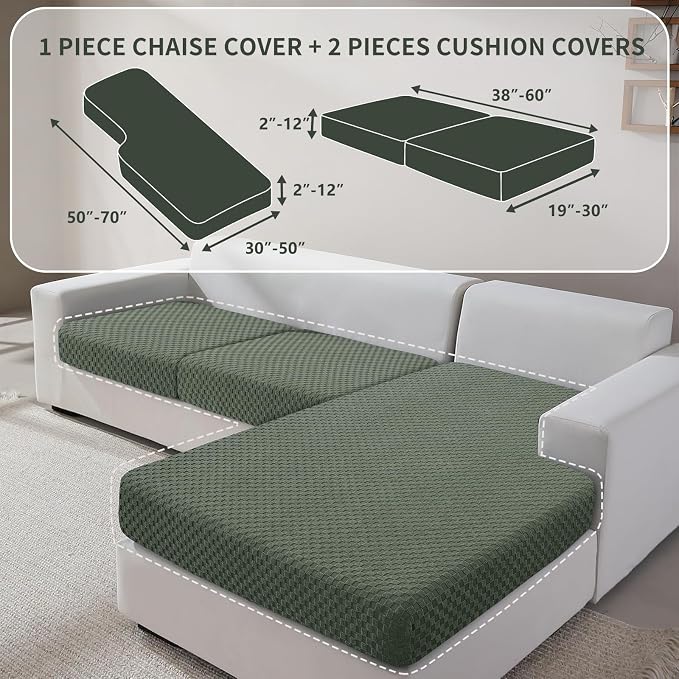 YEMYHOM Couch Cushion Covers for Sofa, Stretch Sectional Couch Seat Cushion Covers Washable Thick Furniture Protector Sofa Slipcovers for Pets (2 Seater + 1 Chaise, Army Green) - Image 2