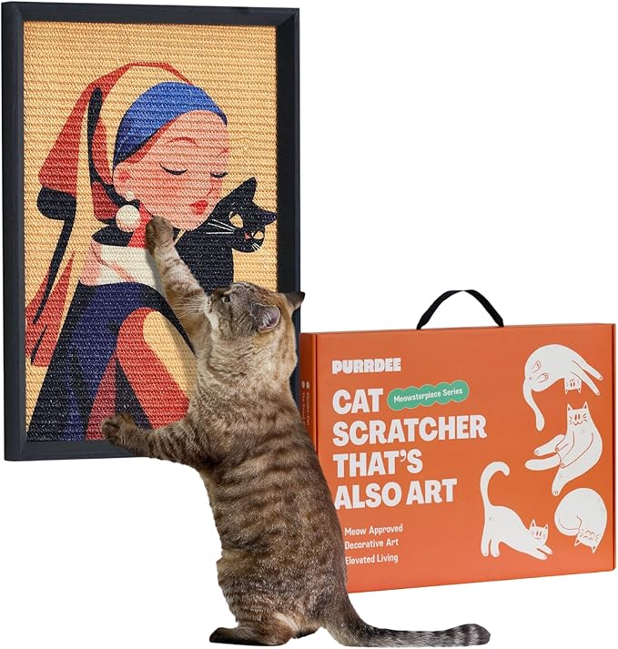 Decorative Wall Art Cat Scratcher for Vertical Scratching, 14"x20" Framed Sisal Scratch Pad Mat with Renter-Friendly No-Drill Wall Mounted Setup, Durable Alternative to Cardboard (Girl with Purr) by PURRDEE