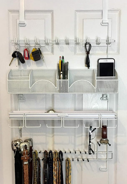 Men’s Over the Door/Wall Hanging Closet Tie and Belt Organizer Rack # 9300 in White 43 Hooks for Men’s Organization Patented by Longstem+Organizers