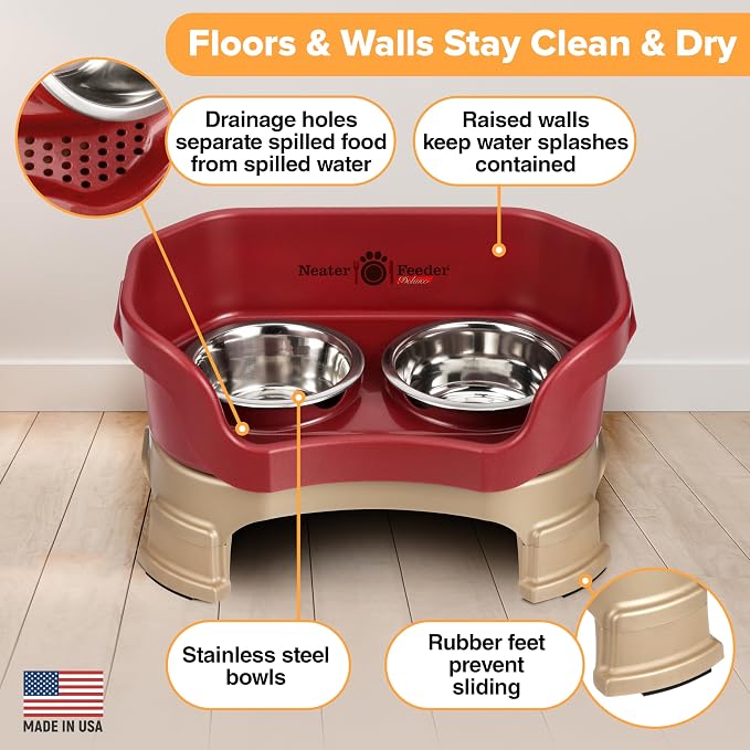 Neater Feeder Deluxe Mess-Proof Elevated Cat Bowls, 2 Height Adjustable (6” & 7.5”) No-Spill Raised Cat Bowl Stand, Whisker Friendly Stainless Steel Dishes for Indoor Cats, Made in USA, Cranberry - Image 5