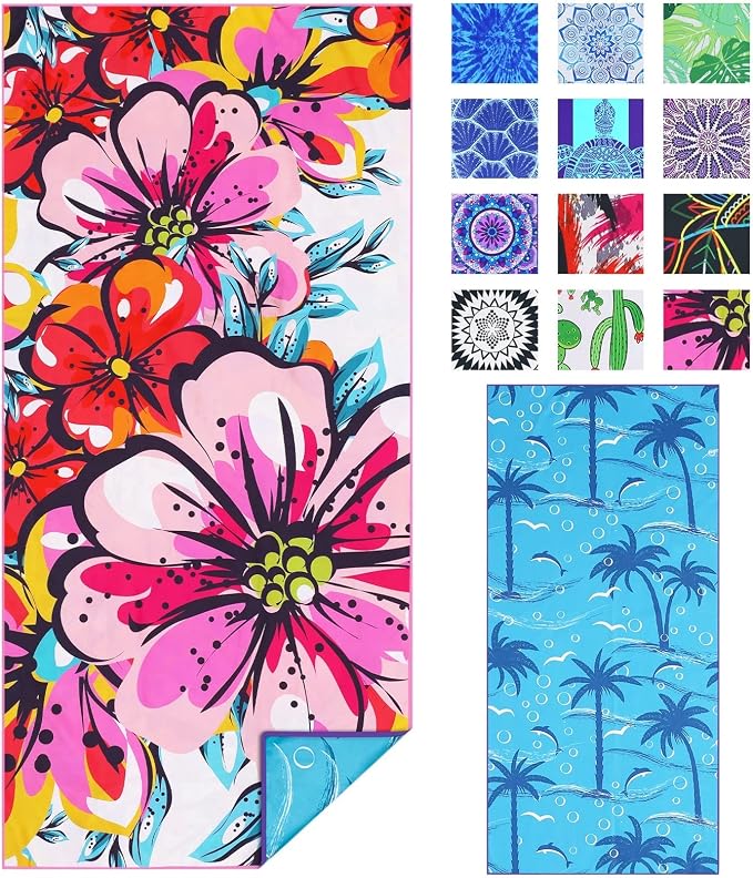 TwoYek Microfiber Beach Towel Extra Large 71x32 inches Floral Print | Thin & Lightweight, Sand Free, Super Absorbent Quick Dry, Oversized Towel for Beach Bath Pool Swim Travel Accessories Gifts by TwoYek