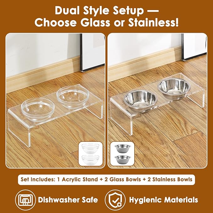 Feoyoho Elevated Acrylic Pet Bowl Stand – Raised Cat & Dog Bowls with 2 Glass & 2 Stainless Steel Bowls, Modern Clear Design, Non-Slip, Easy to Clean, Perfect for Small Pets, 3.75" Tall - Image 5