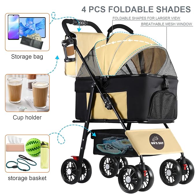3 in 1 Pet Dog Stroller for Small Medium Dogs 10-50 lbs, Foldable Cat-Strollers for 2-Cats with Removable Carrier, Pet-Strollers for Cats with Storage Bag, Small Puppy-Stroller, Dog-Cart (Brown)