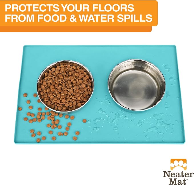 Neater Pet Brands Neater Mat Pet Mats for Food and Water, Cat & Dog Bowl Mat Waterproof Silicone, Feeding Tray, Dog Food Mats for Floors, Placemat w/Raised Edge for Under Bowls, 32" x 24", Aquamarine - Image 2
