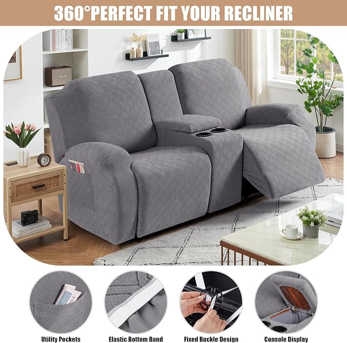 VANSOFY Recliner Loveseat Cover with Middle Console Stretch Reclining Sofa Slipcover for 2 Seat Jacquard Reclining Couch Sofa Covers Furniture Protector with Elastic Straps Bottom (Light Gray) | 4-Pieces, Soft Furniture Protector, Washable Slipcover wi... - Image 5