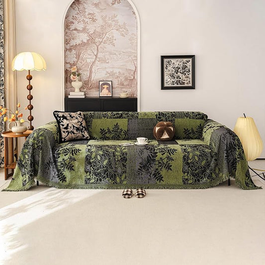 STACYPIK Vintage Green Couch Covers for Sectional, Floral Sofa Covers | Patchwork Jacquard, Chenille, Pet Friendly Sofa Protector Blanket for 3 Cushion Couch Farmhouse Jacquard Sofa Throw-71X150IN by STACYPIK