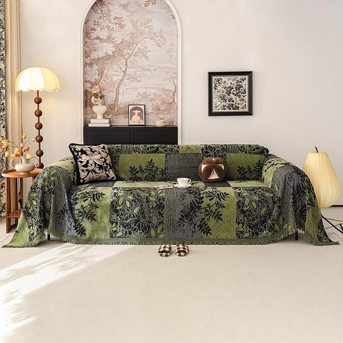 STACYPIK Vintage Patchwork Couch Covers for Pets Jacquard Green Sofa Cover | Boho Botanical, Pet Friendly, Furniture Protector for 2 Cushion Couch, Multi-Use Loveseat Couch Throw Slipcover-71X118IN by STACYPIK